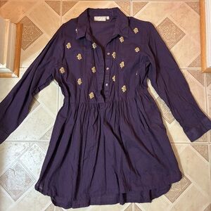 Indian Purple Long Sleeve Dress with Gold Embroidery